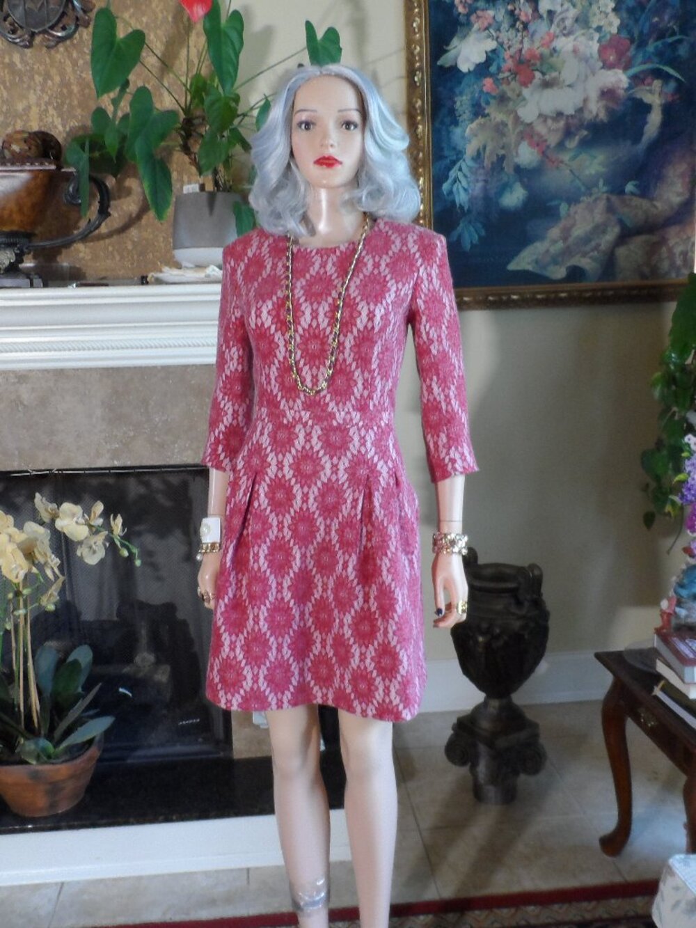 New Maje Pink Floral Jacquard LacePrint Fit & Flare Dress Size Medium